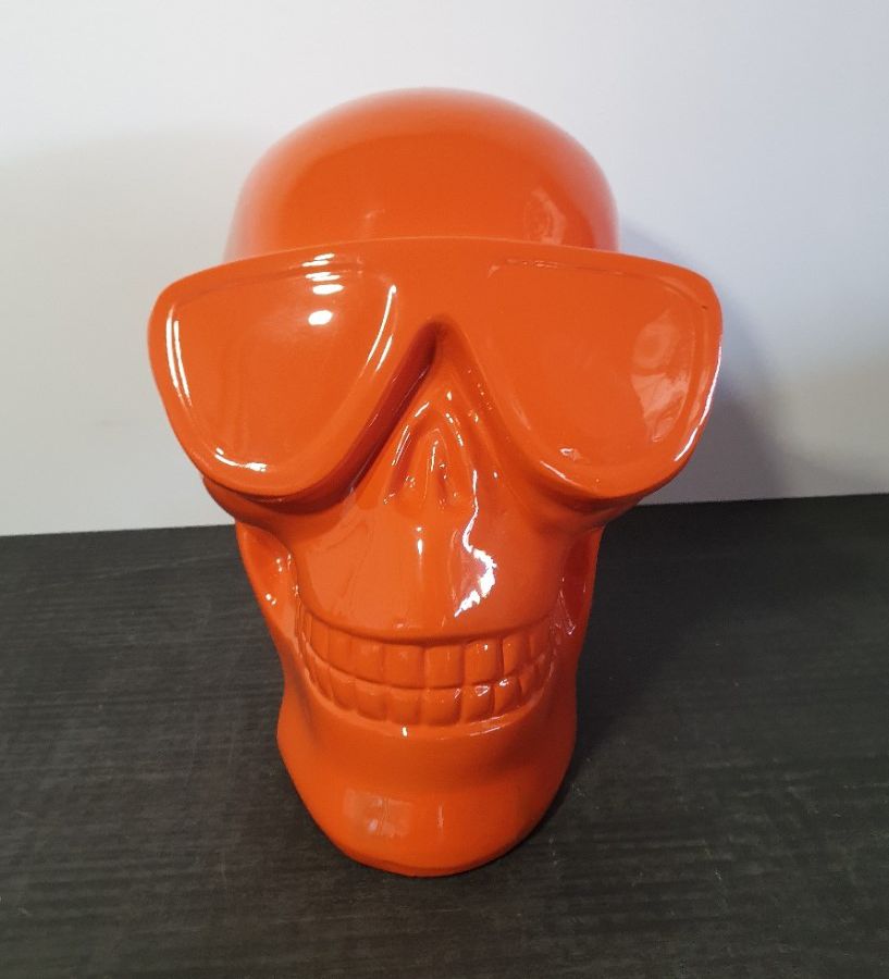 TÊTE DE MORT 30CM LAQUÉE ORANGE